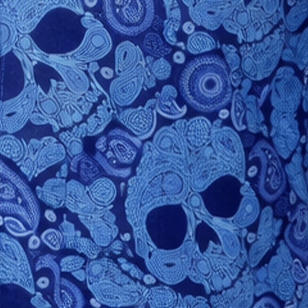 Paisley Skull woven shirt aqua paisley skull pattern detail close up