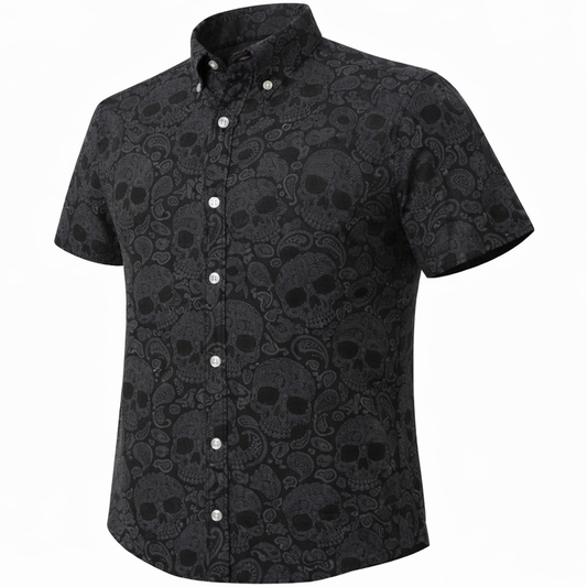 Paisley Skull woven shirt black short sleeve stretch button-down front view