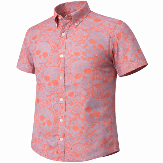 Paisley Skull woven shirt coral short sleeve stretch button-down front view