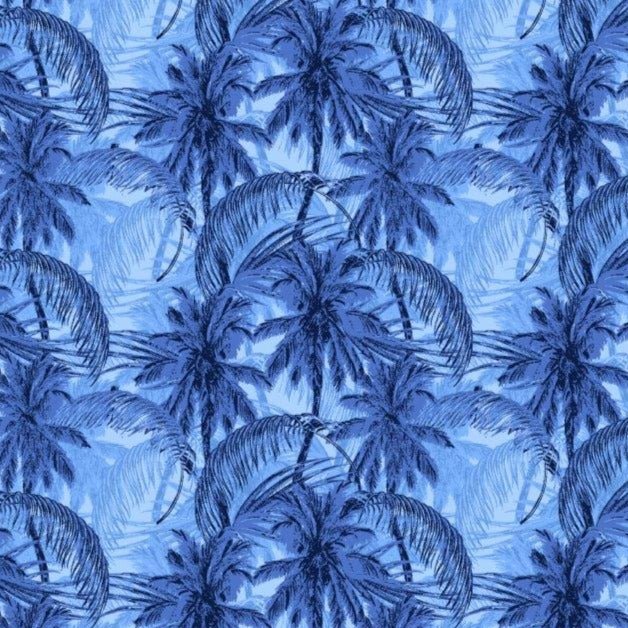 Palms Galore woven shirt blue tropical palms graphic detail close up