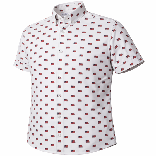 Patriotic Flags woven shirt white short sleeve stretch button-down front view