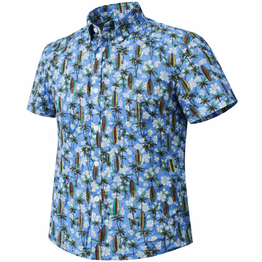Tropical Surf woven shirt blue short sleeve stretch button-down front view