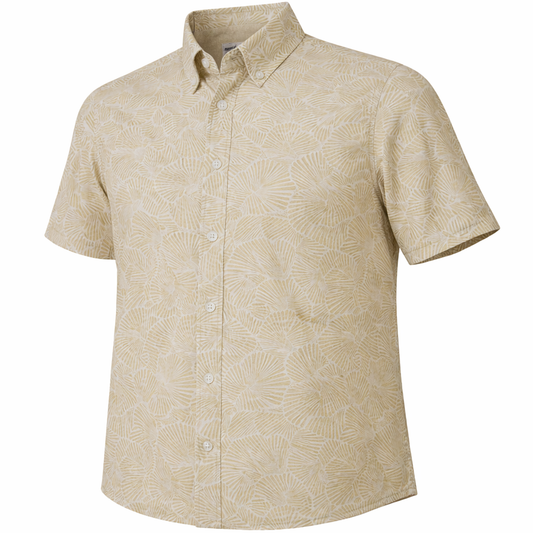 Shells and Shells woven shirt ivory short sleeve stretch button-down front view

