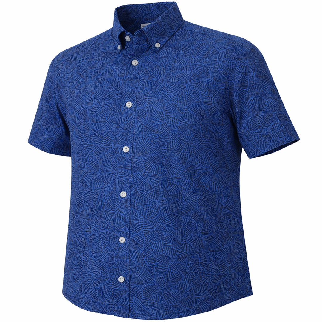 Shells and Shells woven shirt navy short sleeve stretch button-down front view