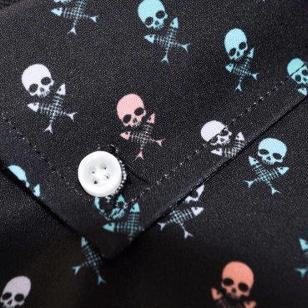 Skull Fish Bones woven shirt black skull and fish bones graphic detail close up
