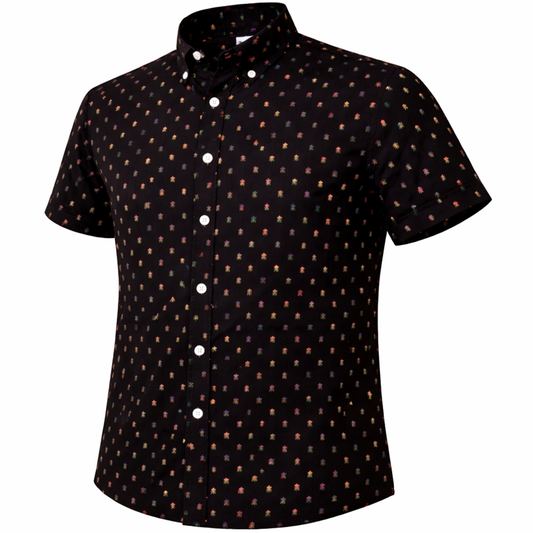 Small Skulls woven shirt black short sleeve stretch button-down front view