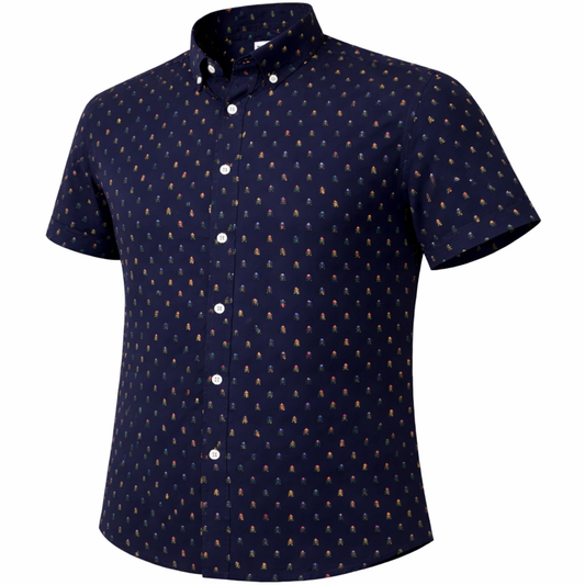Small Skulls woven shirt navy short sleeve stretch button-down front view