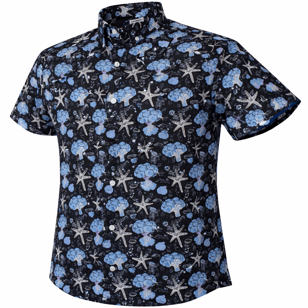 Starfish and Shells woven shirt black short sleeve stretch button-down front view
