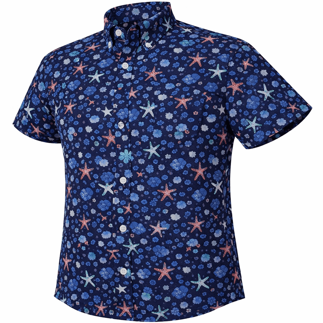 Starfish and Shells woven shirt navy short sleeve stretch button-down front view