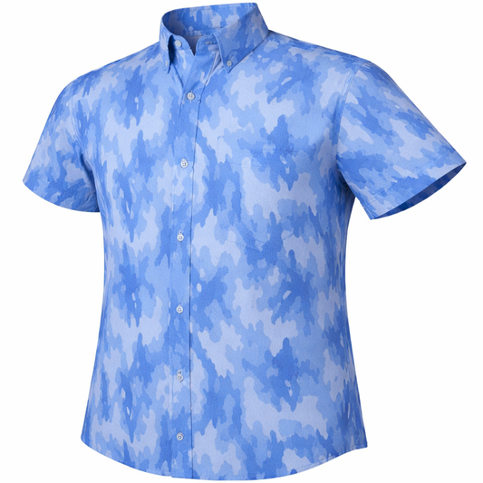 Surf Island Camo woven shirt blue short sleeve stretch button-down front view
