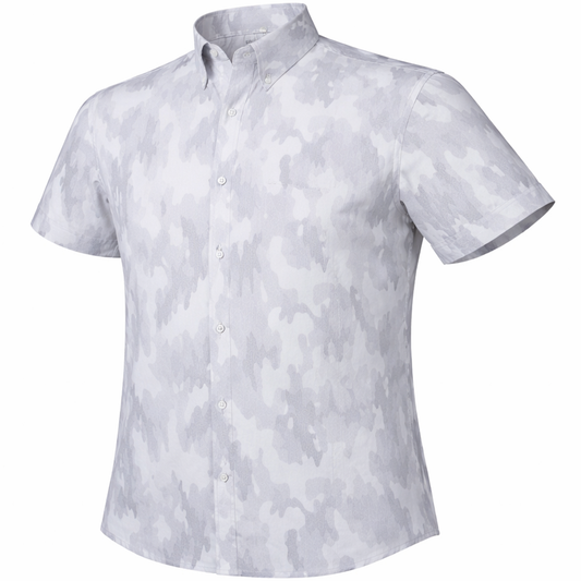 Surf Island Camo woven shirt grey short sleeve stretch button-down front view