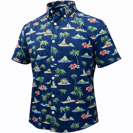 Surf Island woven shirt navy short sleeve stretch button-down front view