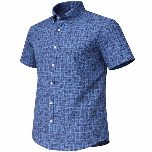 Tribal Masks woven shirt blue short sleeve stretch button-down front view