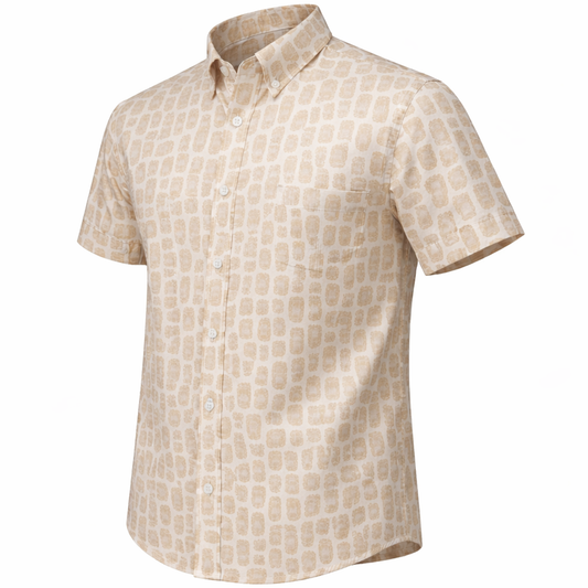 Tribal Masks woven shirt ivory short sleeve stretch button-down front view