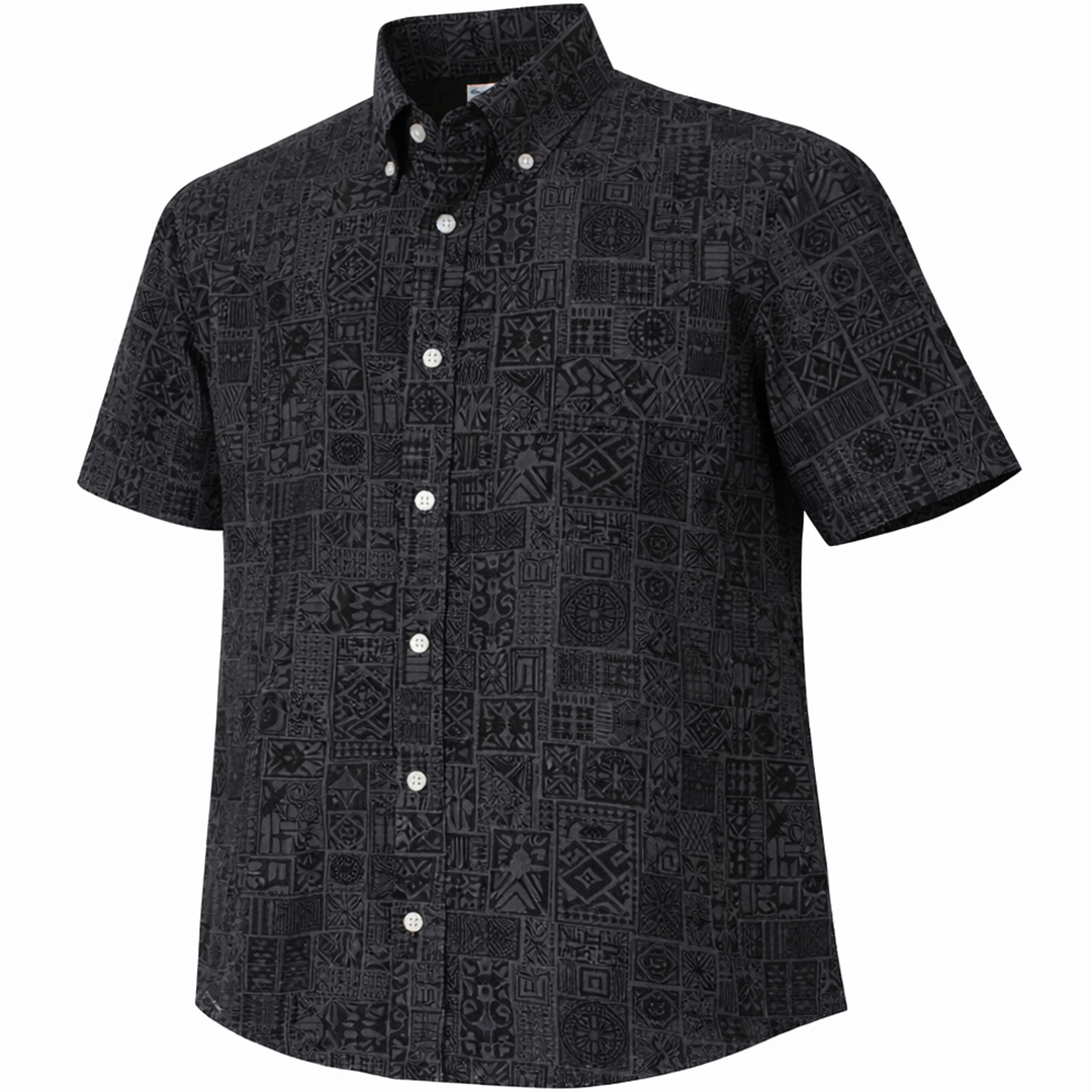 Tribal Tiles woven shirt black short sleeve stretch button-down front view