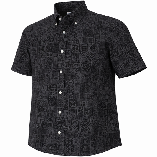 Tribal Tiles woven shirt black short sleeve stretch button-down front view
