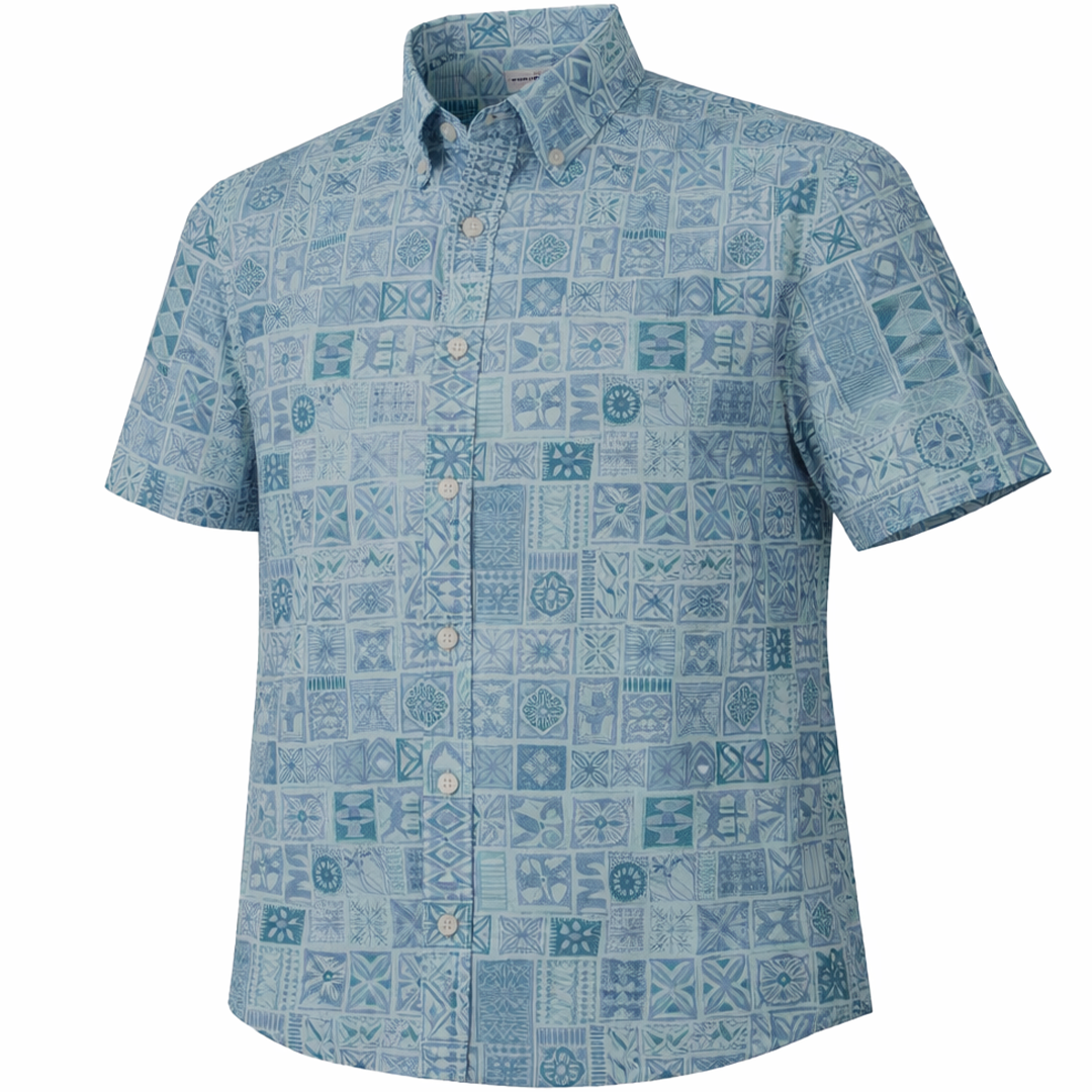 Tribal Tiles woven shirt ocean short sleeve stretch button-down front view