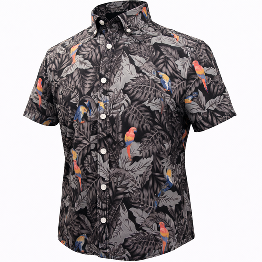 Tropical Birds woven shirt black short sleeve stretch button-down front view