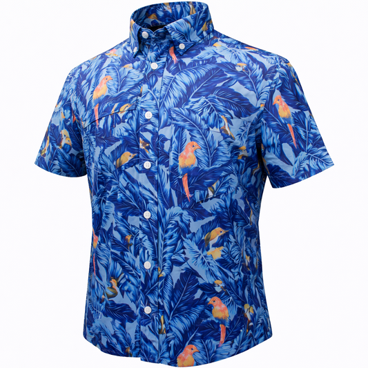 Tropical Birds woven shirt blue short sleeve stretch button-down front view