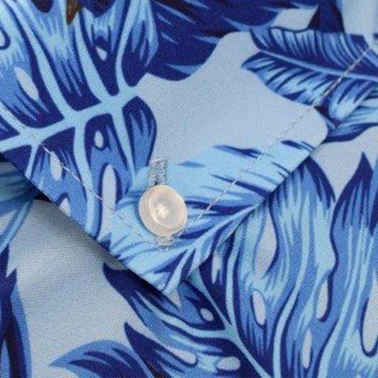 Tropical Birds woven shirt blue tropical birds pattern detail close up