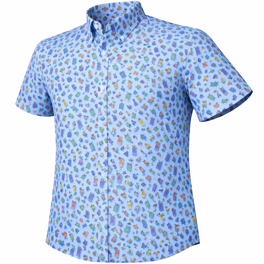 Tropical Drinks woven shirt blue short sleeve stretch button-down front view