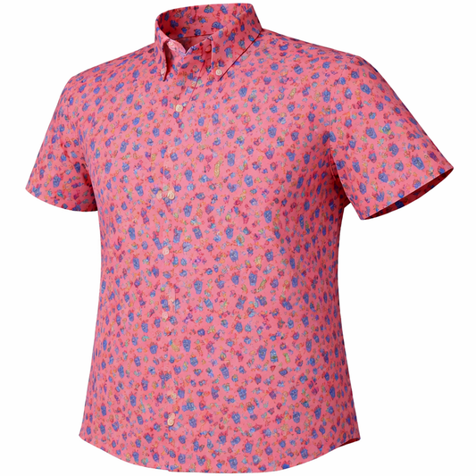 Tropical Drinks woven shirt melon short sleeve stretch button-down front view
