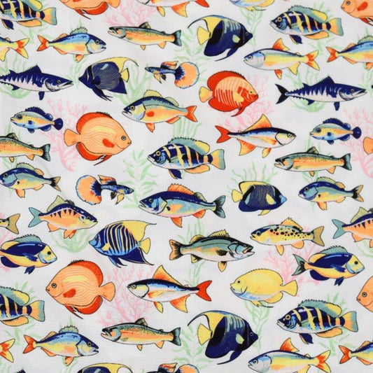 Tropical Fish Swim Trunks white multi tropical fish pattern detail close up
