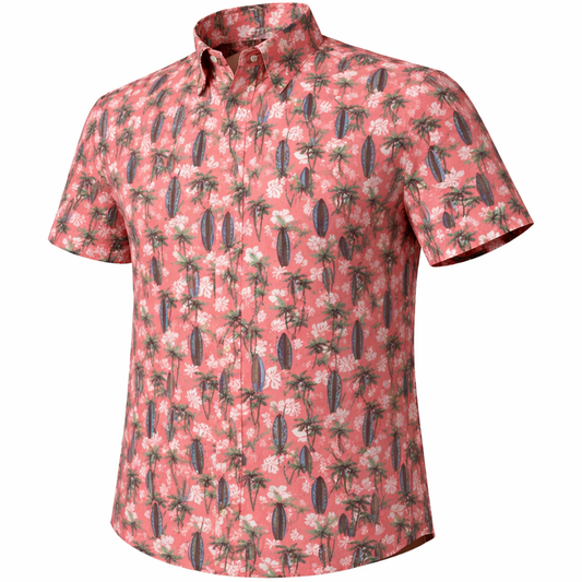 Tropical Surf woven shirt coral short sleeve stretch button-down front view