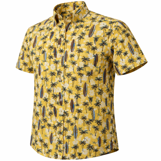 Tropical Surf woven shirt yellow short sleeve stretch button-down front view