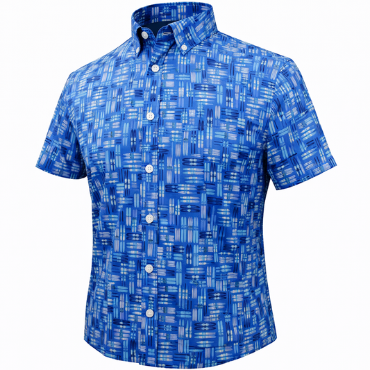 Water Skis woven shirt blue short sleeve stretch button-down front view