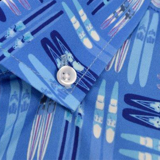 Water Skis woven shirt blue water skis graphic detail close up