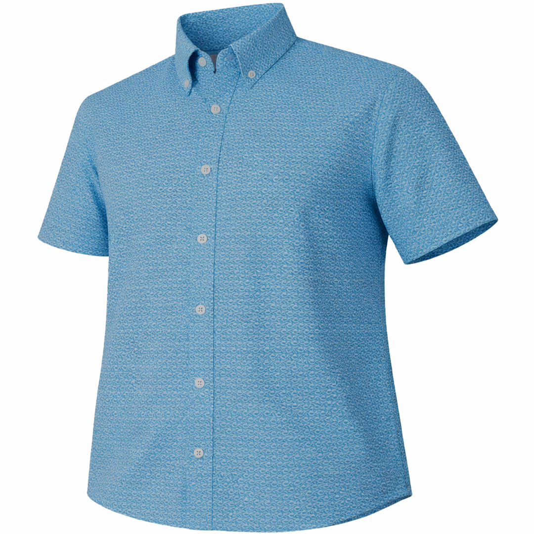 Wave woven shirt aqua short sleeve stretch button-down front view