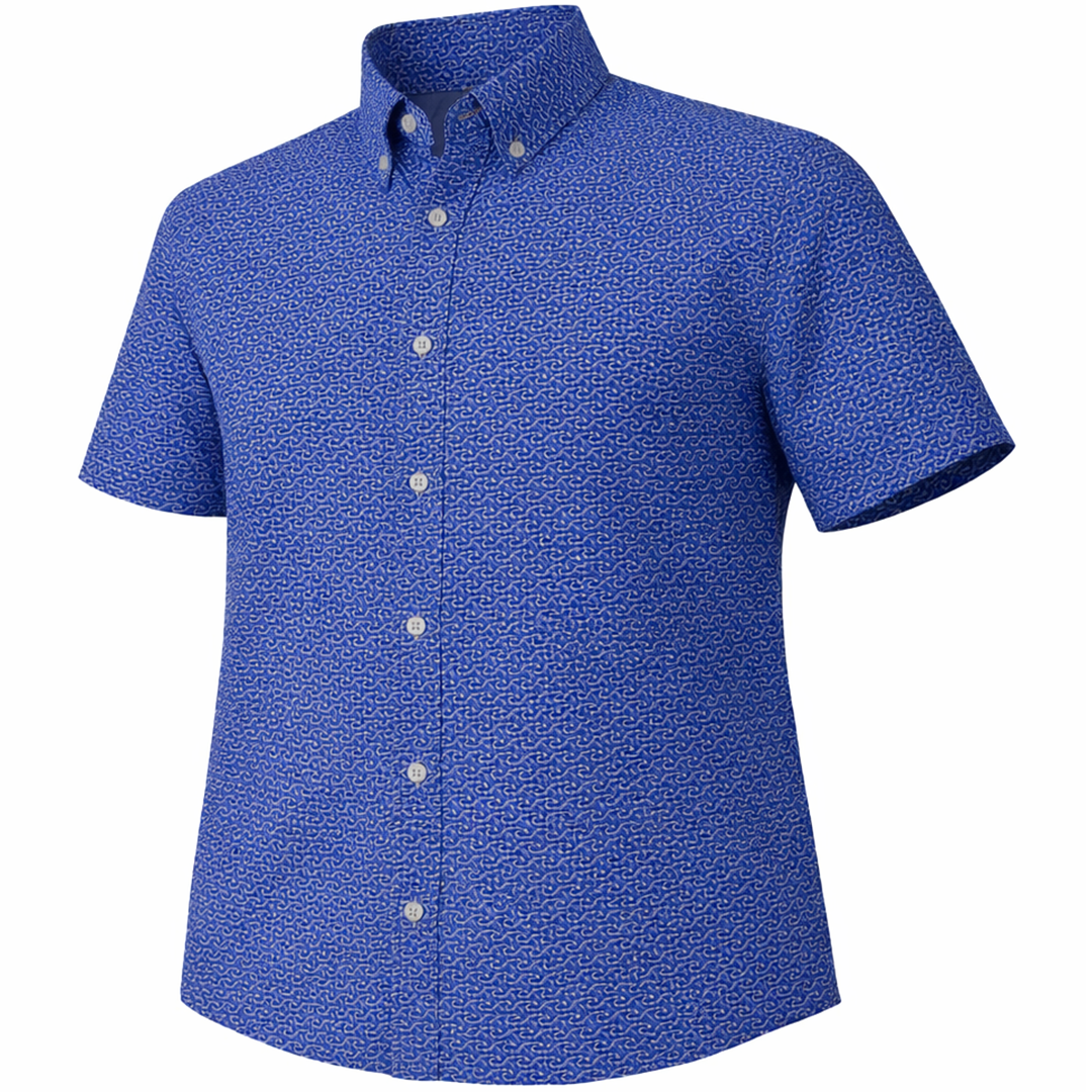 Wave woven shirt blue short sleeve stretch button-down front view
