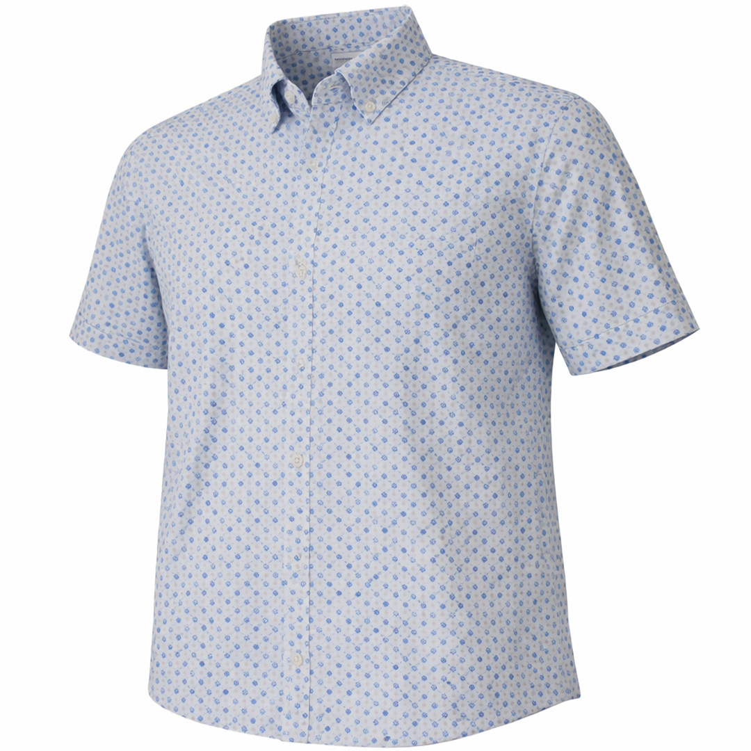 Whose at the Wheel woven shirt white short sleeve stretch button-down front view
